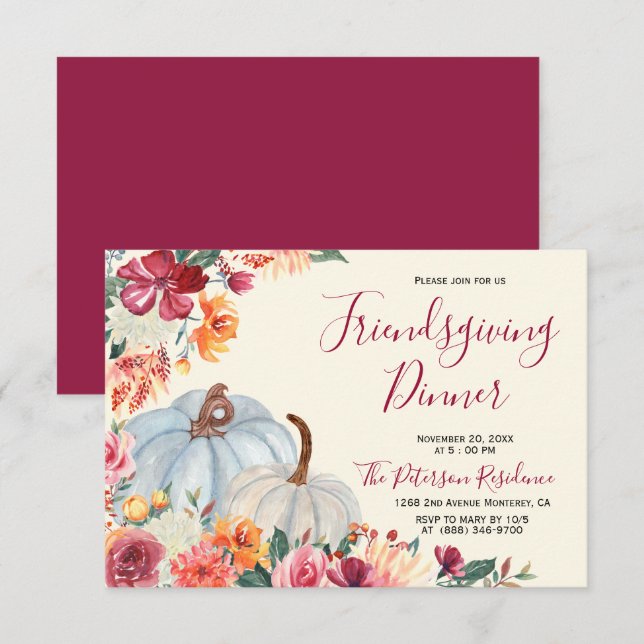 Herbst Einladungen für Burgund Floral (Vorne/Hinten)