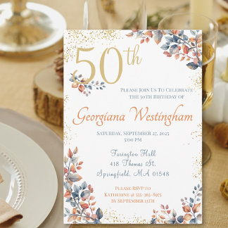 Herbst Elegance 50. Geburtstag Glitzer Einladung