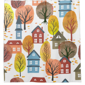 Herbst Elegance: Wasserfarben Stadt und Bäume Duschvorhang