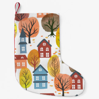 Herbst Elegance: Wasserfarben Stadt und Bäume Kleiner Weihnachtsstrumpf