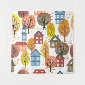 Herbst Elegance: Wasserfarben Stadt und Bäume Wandteppich