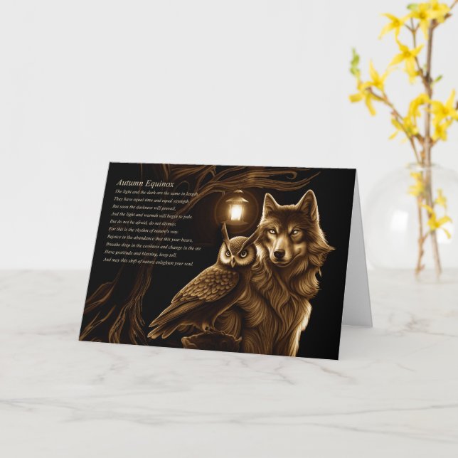 Herbst Equinox Segen Owl und Wolf Karte (Gelbe Blume)