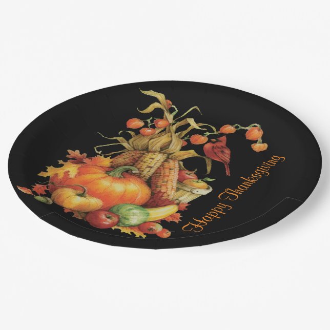 Herbst Ernte glücklich Ernte Thanksgiving Schwarze Pappteller (Schrägansicht)