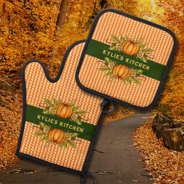 Herbst Erntedank Pumpkins Orange Striping Ofenhandschuh & Topflappen-Set