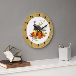 Herbst- / Erntedank-Truthahn-Kürbis-Wanduhr Große Wanduhr