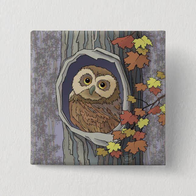 Herbst-Eule und Herbstfarben Knopf Button (Vorderseite)