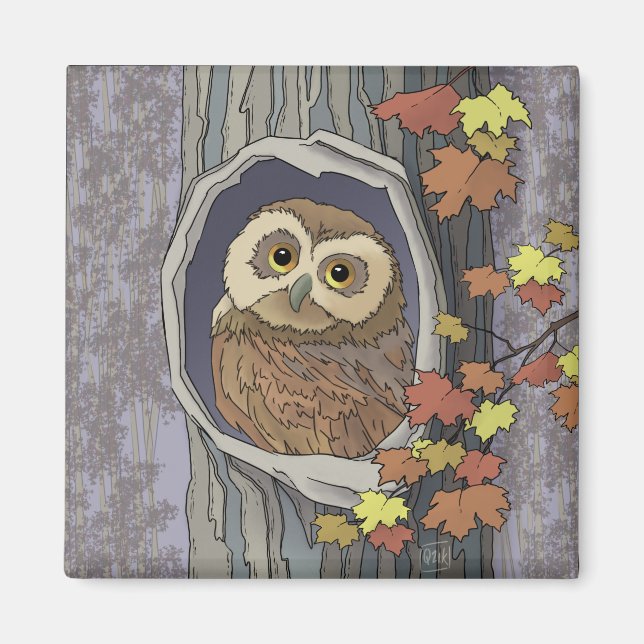 Herbst-Eule und Herbstfarben Magnet (Vorne)
