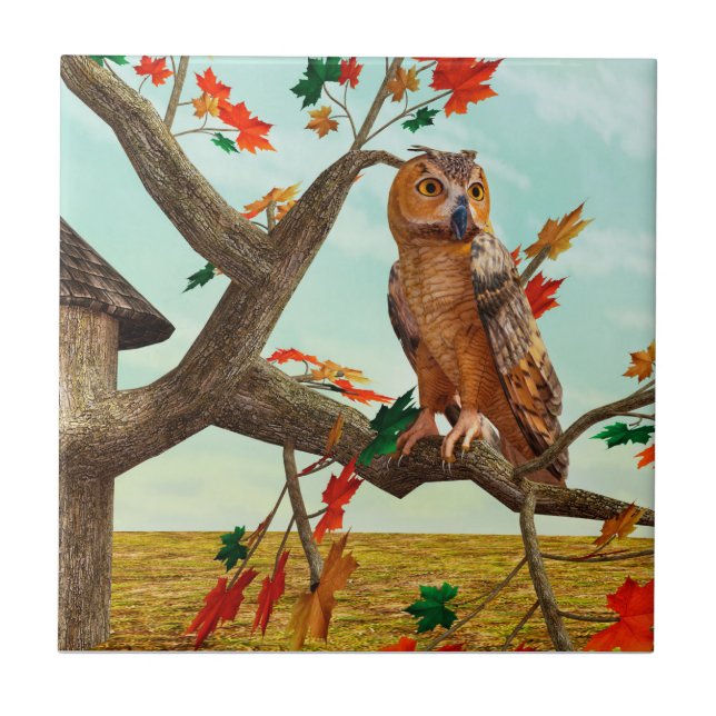 Herbst-Eulen-Ahornbaum-Wildlife-Kunst Fliese (Vorderseite)