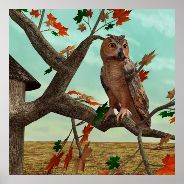 Herbst-Eulen-Ahornbaum-Wildlife-Kunst Poster (Vorne)
