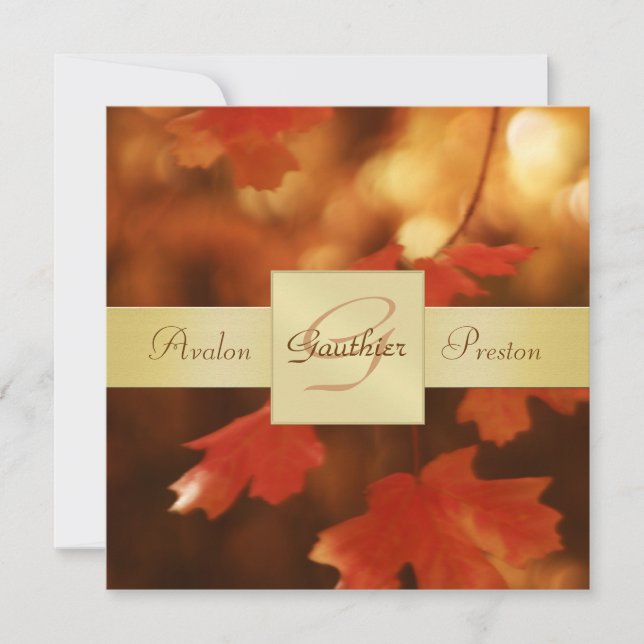 Herbst Fall Leaf Monogram Gold Ribbon Einladung (Vorderseite)