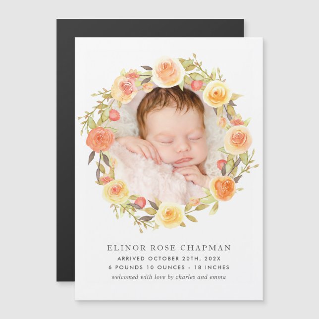 Herbst Floral Baby Magnetic Birth Ankündigung (Vorne/Hinten)