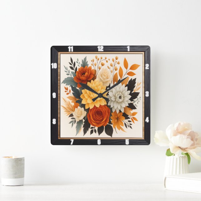 Herbst Floral Bouquet Natur Quadratische Wanduhr (Zuhause)