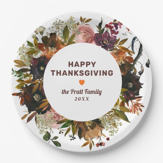 Herbst floral Happy Thanksgiving Pappteller (Vorderseite)