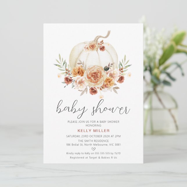 Herbst Floral Pumpkin Baby Dusche Einladung (Stehend Vorderseite)
