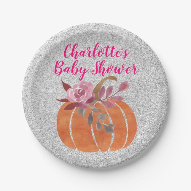 Herbst Floral Pumpkin Baby Dusche Pink Silver Pappteller (Vorderseite)