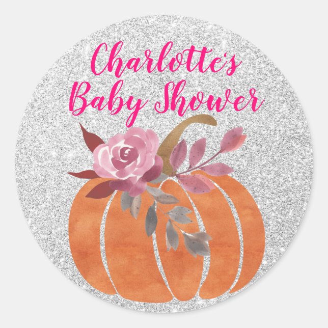 Herbst Floral Pumpkin Baby Dusche Pink Silver Runder Aufkleber (Vorderseite)