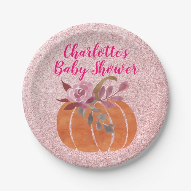 Herbst Floral Pumpkin Baby Dusche Rose Gold Pappteller (Vorderseite)