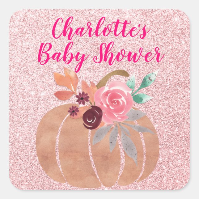 Herbst Floral Pumpkin Baby Dusche Rose Gold Quadratischer Aufkleber (Vorderseite)