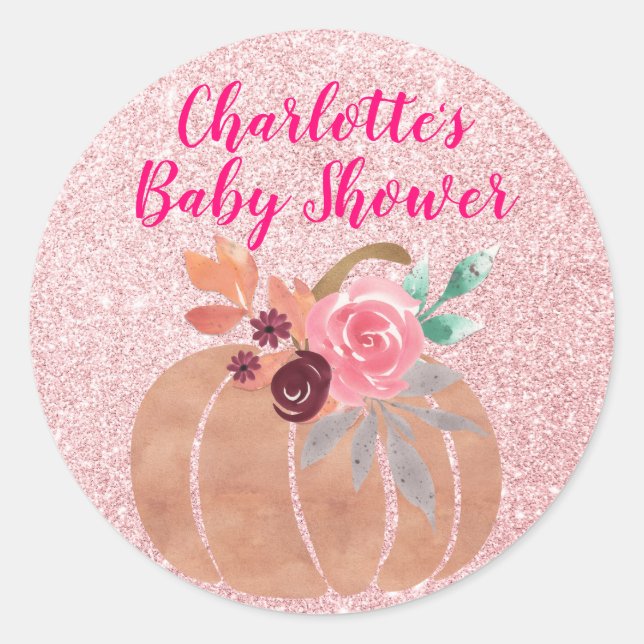 Herbst Floral Pumpkin Baby Dusche Rose Gold Runder Aufkleber (Vorderseite)