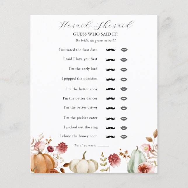 Herbst floral sagte er, sie sagte Brautparty Game (Vorderseite)