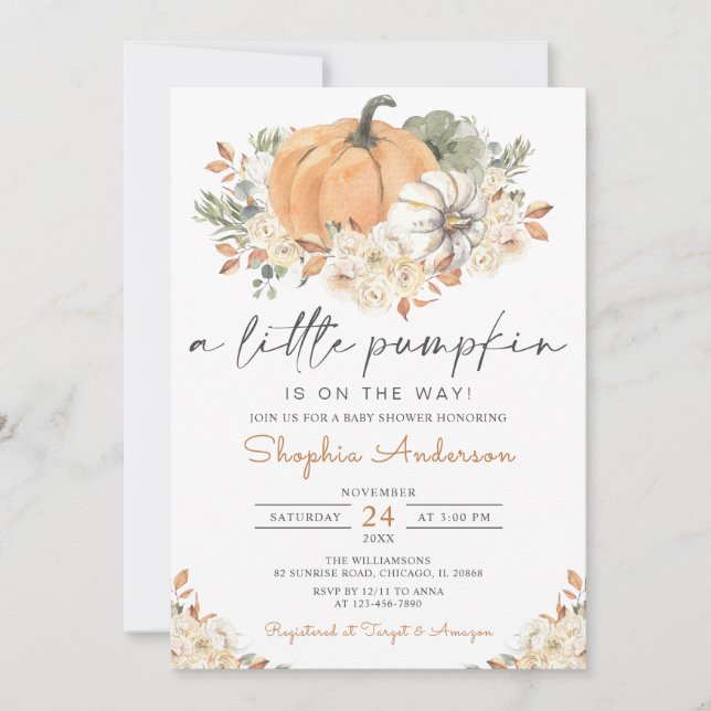 Herbst floraler Fall ein wenig Pumpkin Baby Dusche Einladung (Vorderseite)