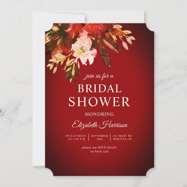 Herbst florales verbranntes Rotes Brautparty Einladung (Vorderseite)
