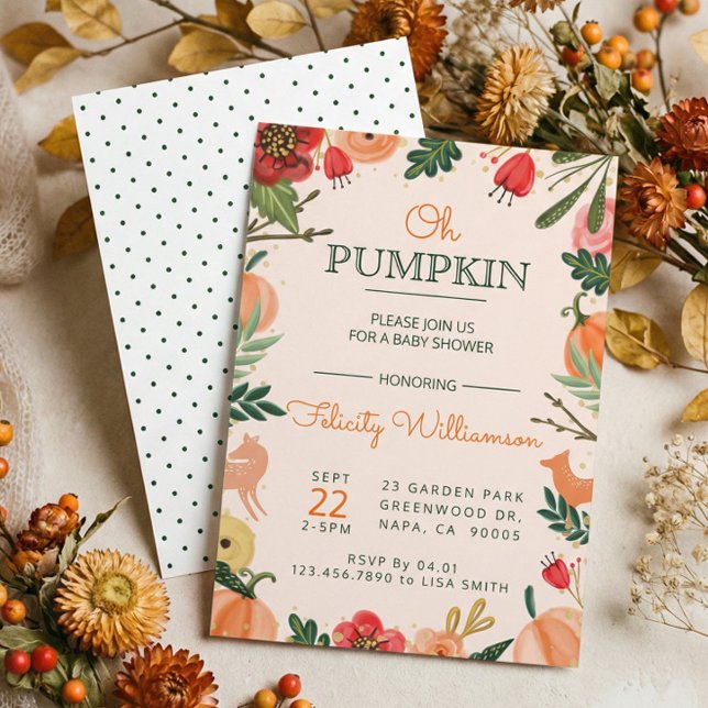 Herbst Florals & Foliage Pumpkin Patch Babydusche Einladung (Cute Fall Autumn Floral Pumpkin Patch Baby Shower Invitation)
