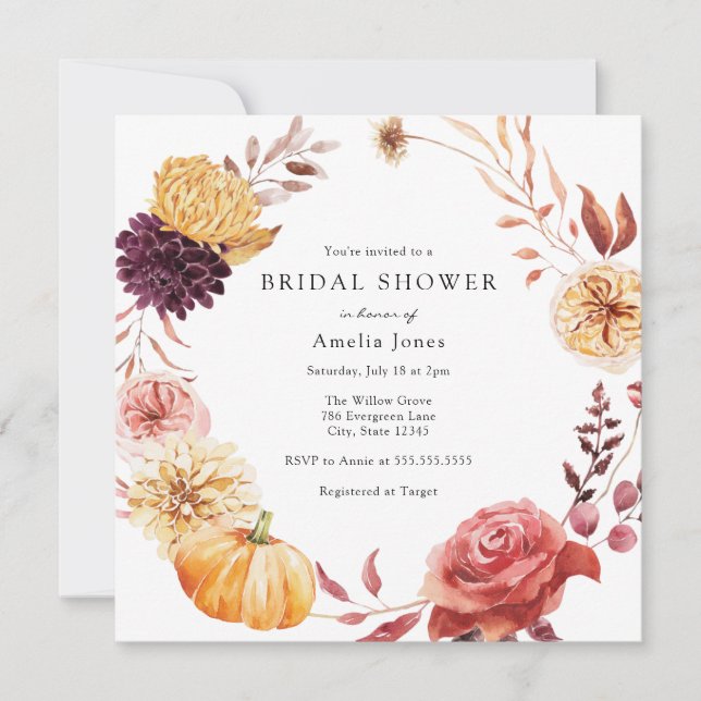 Herbst Florals und Pumpkin Brautparty Einladung (Vorderseite)