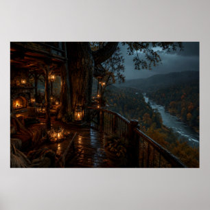 Herbst-Fluss Lodge Balkon Poster