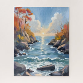 Herbst-Fluss-Sonnenlicht-Herbstlandschaft-Aquarell
