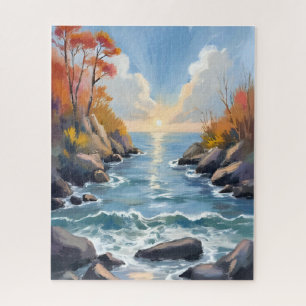 Herbst-Fluss-Sonnenlicht-Herbstlandschaft-Aquarell