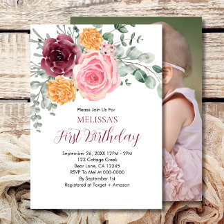 Herbst Geburtstagsmädchen Burgundy Blush Pink Flor Einladung