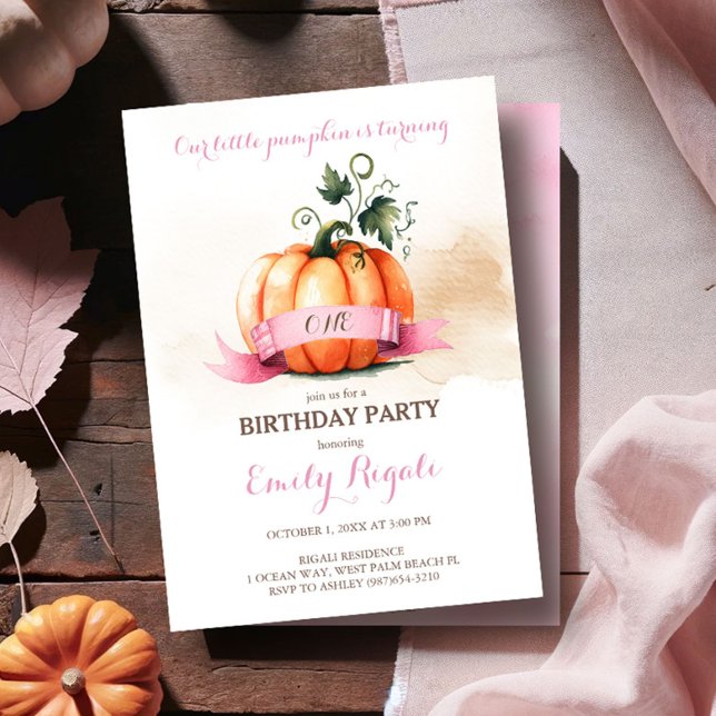 Herbst Geburtstagsparty Einladung - Rosa & Orange (Little pumpkin first birthday invitations cute watercolor pink and orange fall theme)