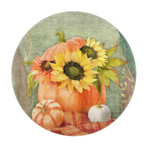 Herbst-Gelbe Sonnenblumen und Kürbisse Schneidebrett