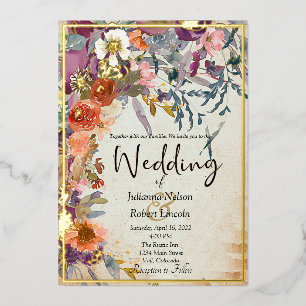 Herbst gemischte Aquarell-Blumenhochzeit Folieneinladung