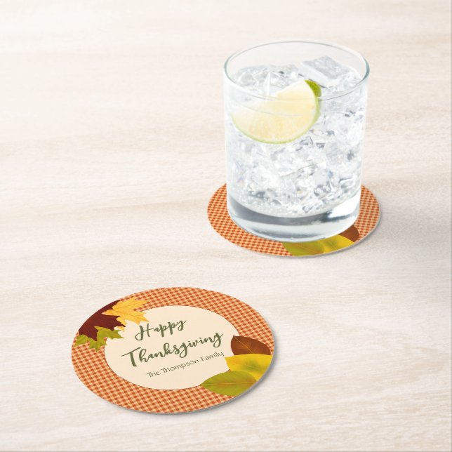 Herbst-Gingham-Thanksgiving-Papier-Getränkeunterse Runder Pappuntersetzer (Vor Ort)