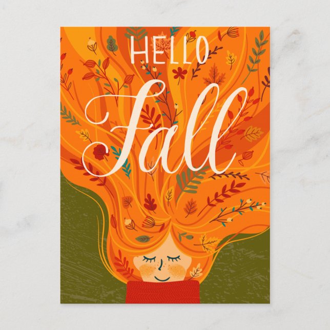 Herbst Girl Orange Hair mit Blätter Postkarte (Vorderseite)