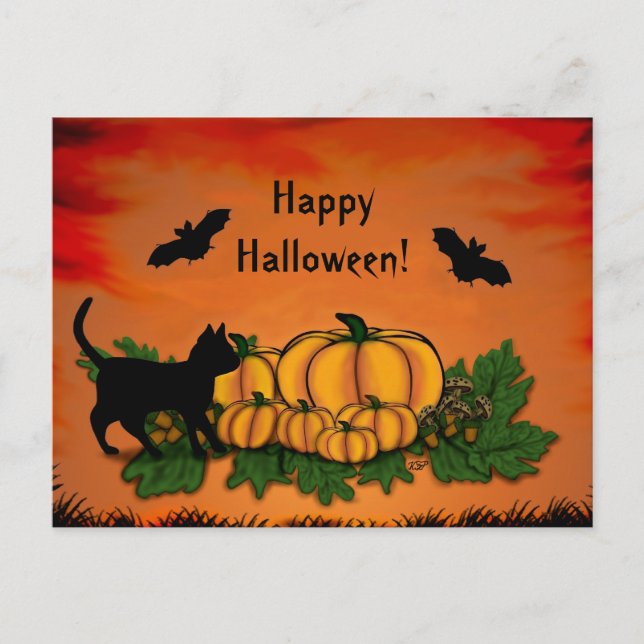Herbst, glückliches Halloween! Mit Bat und Schwarz Postkarte (Vorderseite)