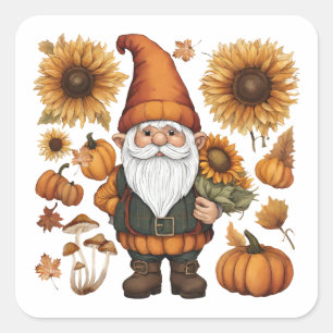 Herbst-Gnom mit Kürbissen und Sonnenblumen  Quadratischer Aufkleber