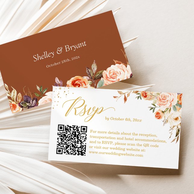 Herbst Gold Floral Wedding Online UAWG QR Code Begleitkarte (Use this QR code card for effortless RSVPs, ensuring guests can easily find wedding details online.)