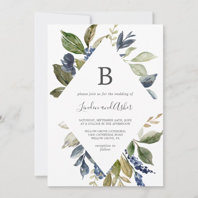 Herbst Greenery Diamond Monogram Wedding Einladung (Vorderseite)