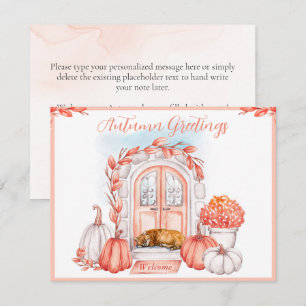 Herbst Grüße, Katze vor Tür, Pumpkins Karte