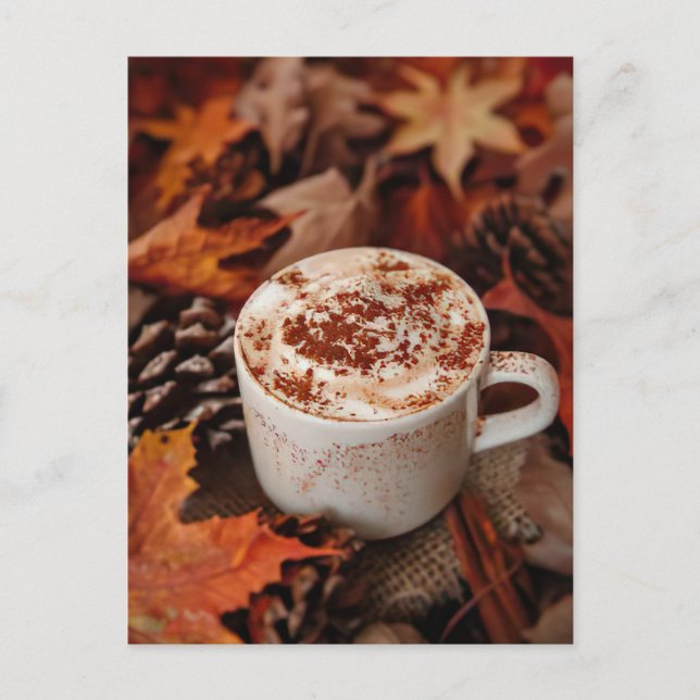 Herbst Grußkarte heiße Schokolade und Blätter Postkarte (Vorderseite)