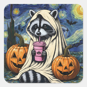 Herbst Halloween Ghost Pumpkin Raccoon Kostüm Spoo Quadratischer Aufkleber
