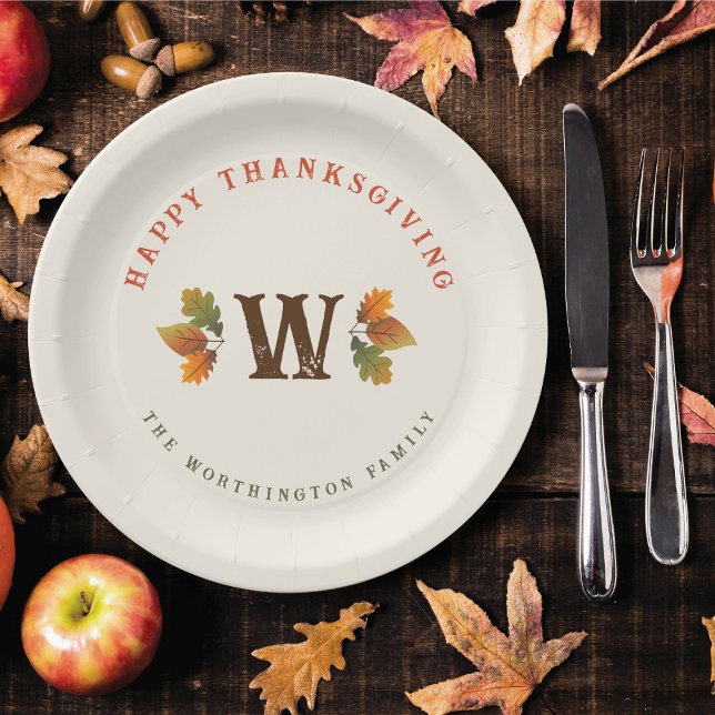 Herbst/Herbst-Blätter Monogramm Erntedank Abendess Pappteller (Colorful Autumn / Fall Leaves Family Monogram Thanksgiving Dinner Party Paper Plates)