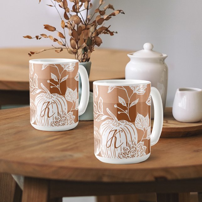 Herbst Herbst Blume & Pumpkin Orange Kariert Kaffeetasse (Fall Foliage Autumn Flowers & Pumpkin Orange Plaid Coffee Mug)