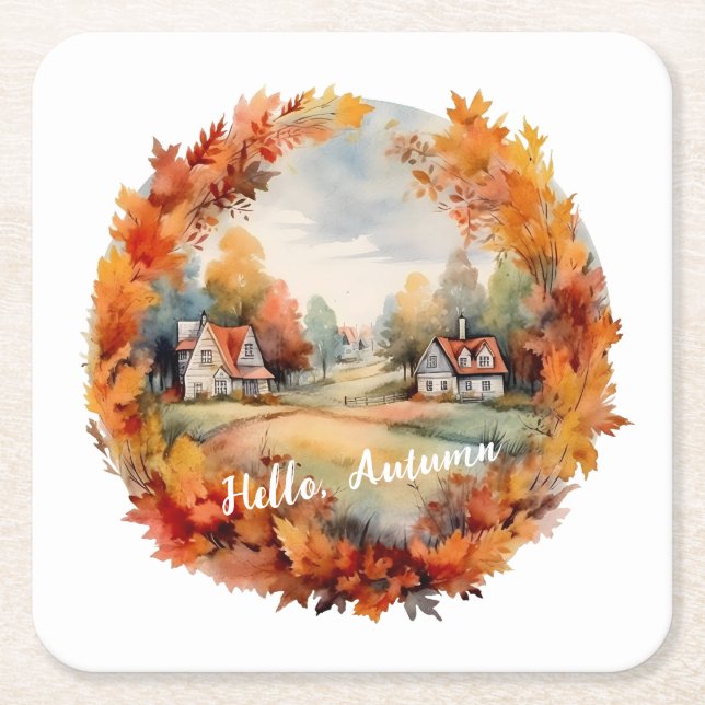 Herbst Herbst Boho Wasserfarbe Pumpkin Hütte Rechteckiger Pappuntersetzer (Vorderseite)