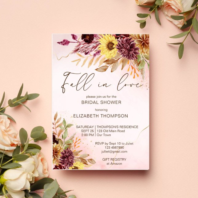 Herbst Herbst Brautparty Liebe laden ein Einladung (Fall in love autumn bridal shower yellow brown foliage sunflowers watercolor invitation template)