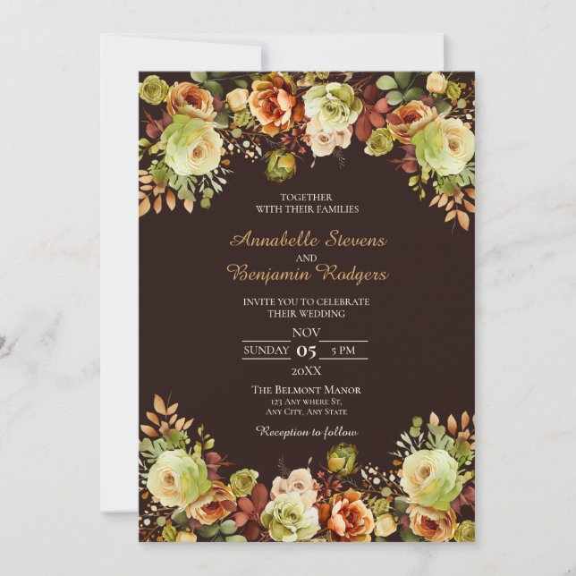 Herbst Hochzeit braun Grün und Burnt Orange Floral Einladung (Vorderseite)