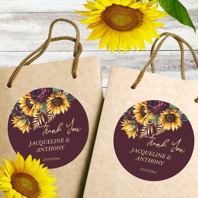 Herbst Hochzeit Burgund Sonnenblumen Gefallen Runder Aufkleber (Fall summer wedding Burgundy sunflowers favor thank you Sticker)